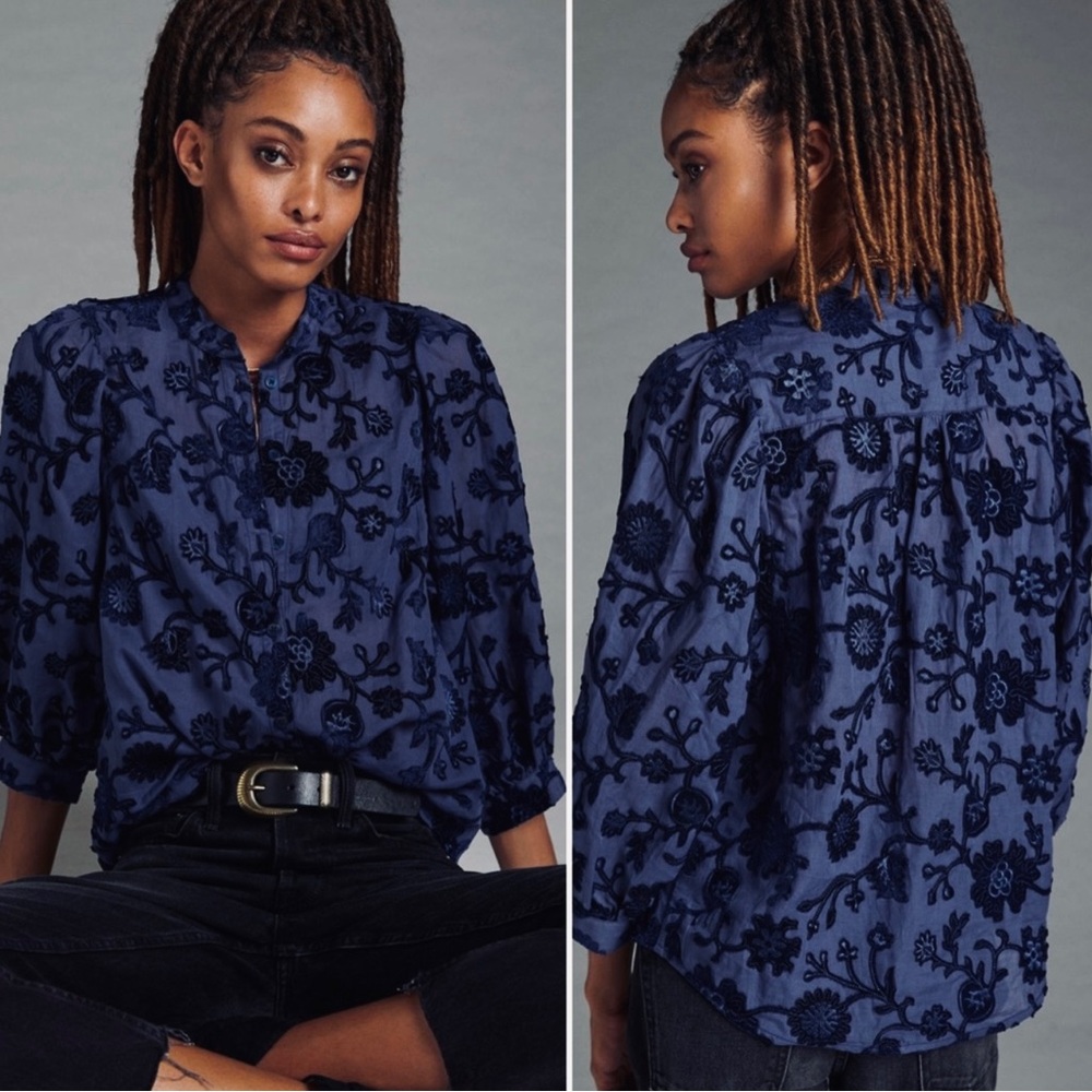 Anthropologie Pilcro Floral Velvet Appliqué Blouse